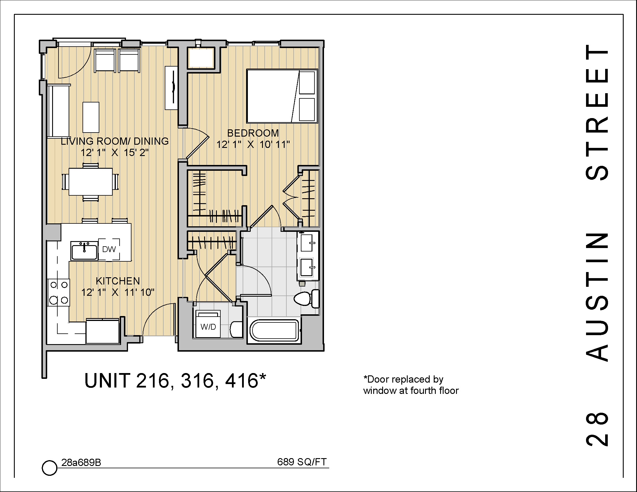 Floor plan for 1 bed, 1 bath, 689 sqft